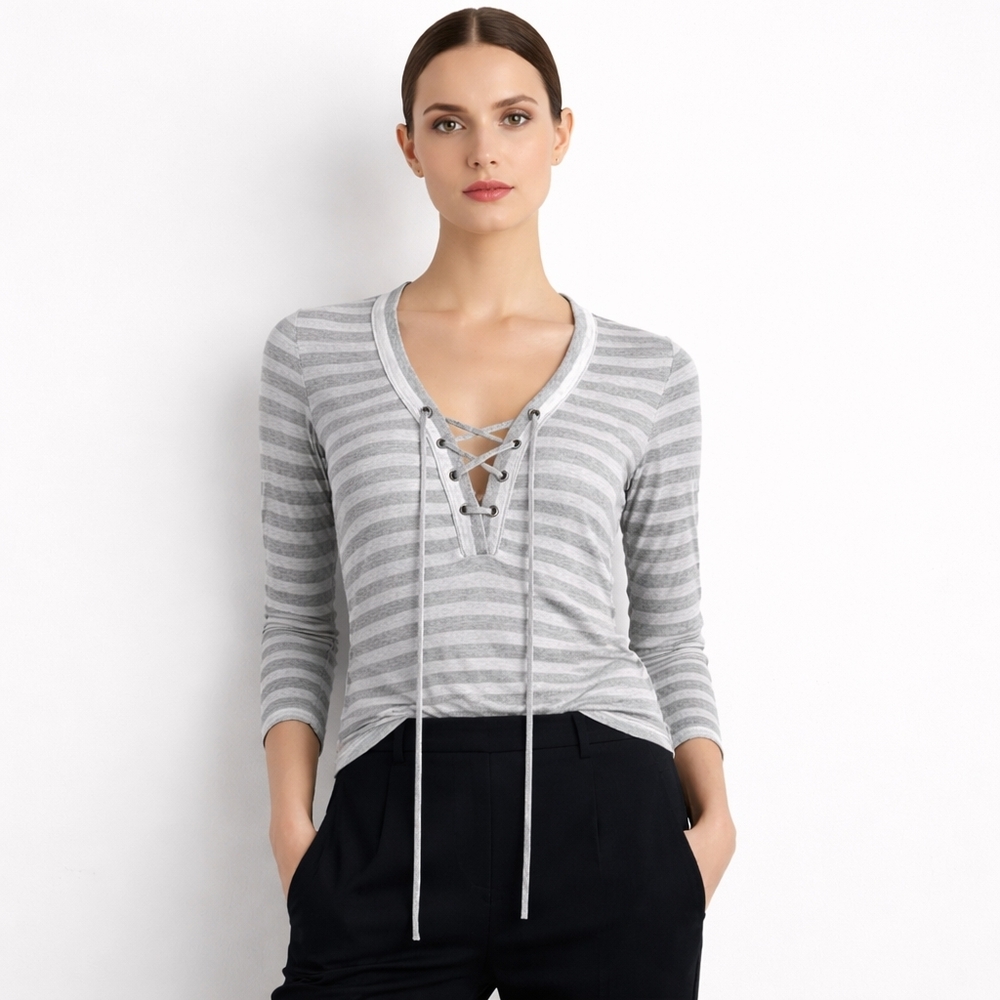 L’AGENCE Lace-Up Henley Striped Top Tencel Grey Soft Luxury Knit Sz S
